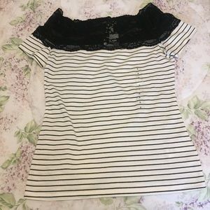 H&M lace black white strip t-shirt